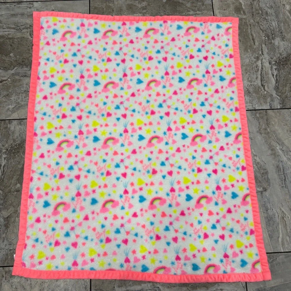 Betsey Johnson Kids Plush Fleece Rainbow Heart Star Blanket Neon Pink White